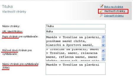 nastavenie vlastností web stránky